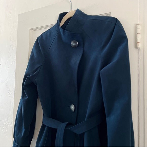 Vintage Hong Kong dark teal blue microsuede long wrap coat trench coat Medium - Picture 8 of 15